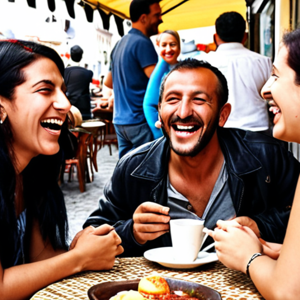 **
A diverse group of people laughing and talking together at an outdoor cafe in Istanbul. Focus on the body language and expressions conveying connection and joy. Capture the vibrant atmosphere of a social gathering in a Turkish setting.
**