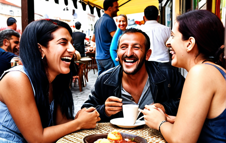 **
A diverse group of people laughing and talking together at an outdoor cafe in Istanbul. Focus on the body language and expressions conveying connection and joy. Capture the vibrant atmosphere of a social gathering in a Turkish setting.
**