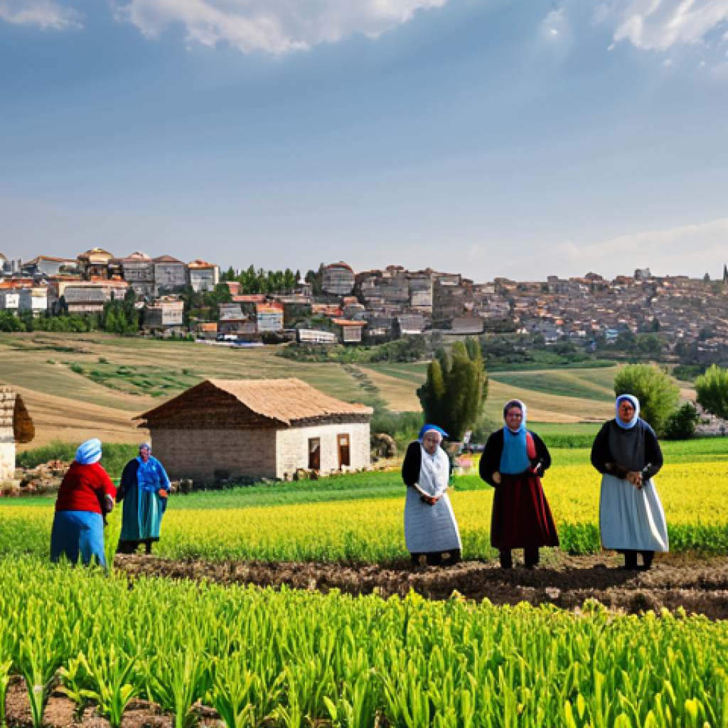 **
A vibrant scene of a "İmece" (traditional communal work) event in a rural Anatolian village. Neighbors are working together in a field, harvesting crops and sharing food. Everyone is fully clothed in modest, traditional clothing. Background includes a picturesque landscape with traditional Turkish houses. Safe for work, appropriate content, family-friendly, perfect anatomy, natural proportions, high-quality photography.
**