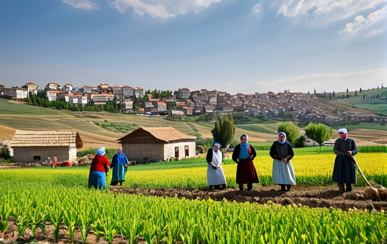 **
A vibrant scene of a "İmece" (traditional communal work) event in a rural Anatolian village. Neighbors are working together in a field, harvesting crops and sharing food. Everyone is fully clothed in modest, traditional clothing. Background includes a picturesque landscape with traditional Turkish houses. Safe for work, appropriate content, family-friendly, perfect anatomy, natural proportions, high-quality photography.
**