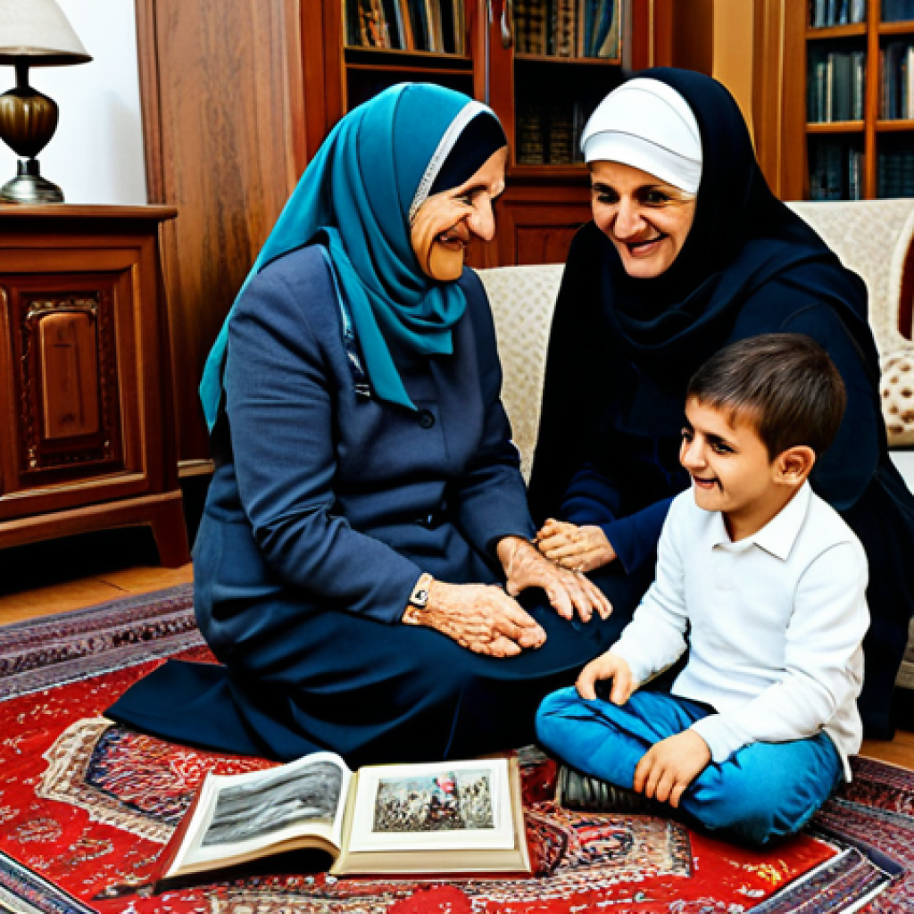 사회제도와 가족구조 - **
"A multi-generational Turkish family (grandmother, parents, child) in a modest, cozy living room...