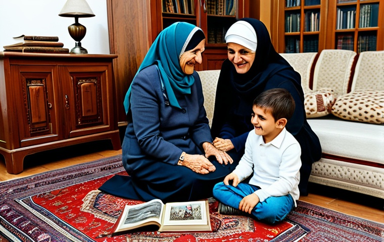 사회제도와 가족구조 - **
"A multi-generational Turkish family (grandmother, parents, child) in a modest, cozy living room...