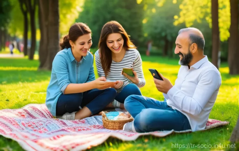 사회적 상호작용과 커뮤니케이션 - **Prompt 1: Digital Detox and Authentic Connections in a Turkish Park**
A diverse group of cheer...