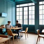 사회조사 분석 - **Prompt 1: Digital Insights at a Modern Cafe**
"A vibrant, dynamic scene inside a contemporary ...