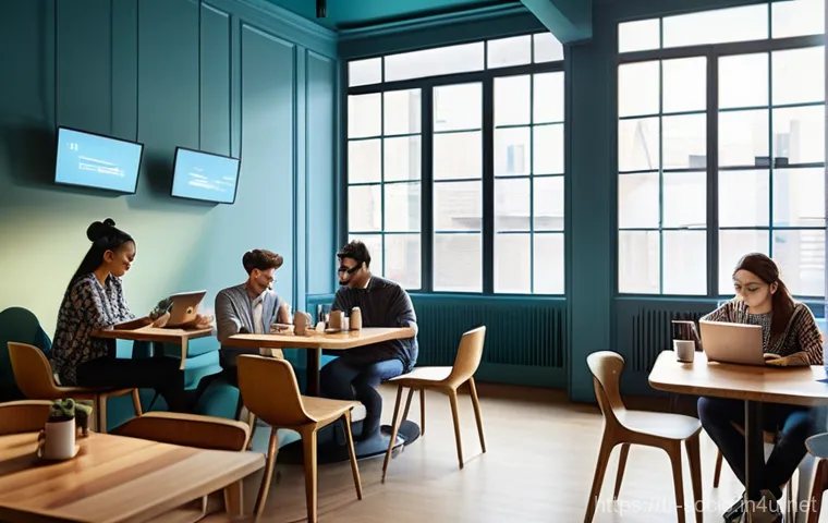 사회조사 분석 - **Prompt 1: Digital Insights at a Modern Cafe**
"A vibrant, dynamic scene inside a contemporary ...