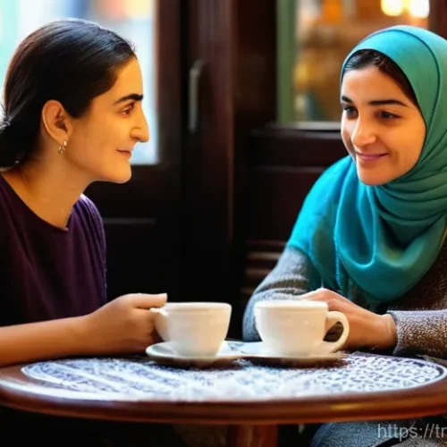 Home 20 사회적 상호작용 - **Prompt:** A cozy and inviting scene inside a traditional Turkish cafe. Two adult women, dressed in...
