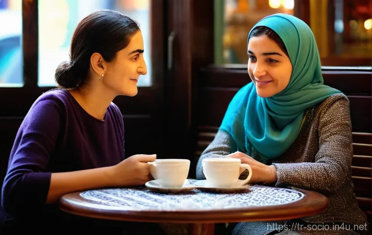 사회적 상호작용 - **Prompt:** A cozy and inviting scene inside a traditional Turkish cafe. Two adult women, dressed in...